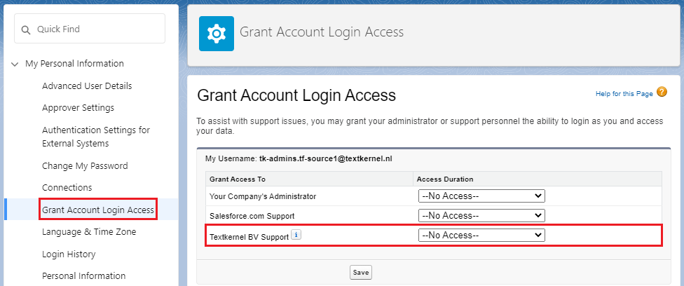 Grant Account Login Access menu option